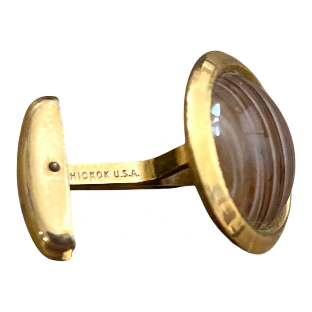 Vintage Hickok Faux Tiger’s Eye Cufflinks 1/40 10K Rolled Gold Plate Round USA